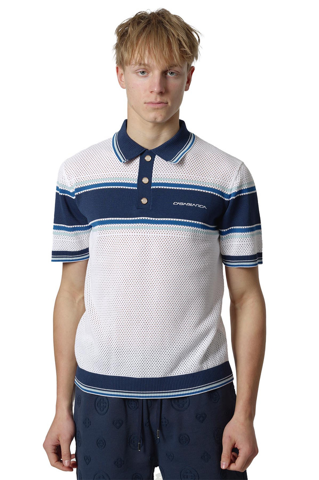 CASABLANCA Striped Mesh Polo-Shirt White/Blue - 1