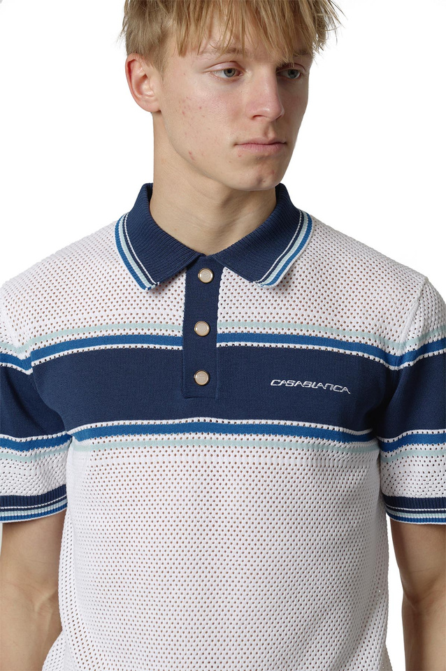 CASABLANCA Striped Mesh Polo-Shirt White/Blue - 4