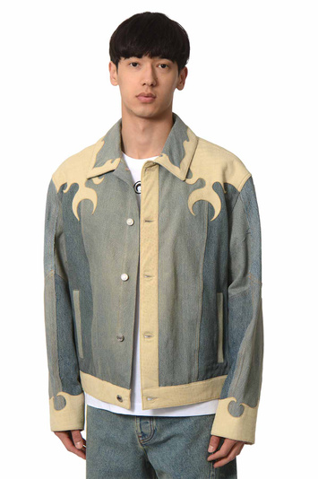 MARINE SERRE Regenerated Denim Crocodile Leather Workwear Jacket